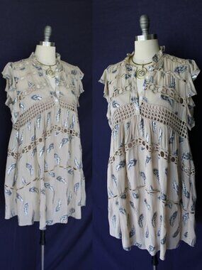 Muche et Muchette Tan Sleeveless Ruffled Shift crochet macreme lace tunic Dress